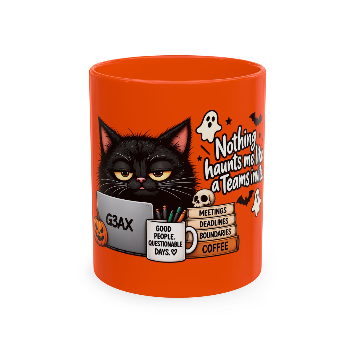 Office Cat Halloween Mug — “Nothing Haunts Me Like a Teams Invite”