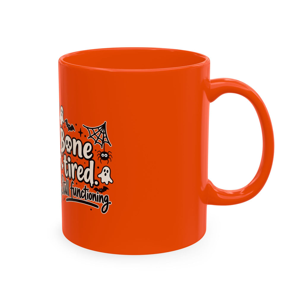 Tired Raccoon Halloween Mug – “Bone Tired. Still Functioning.”