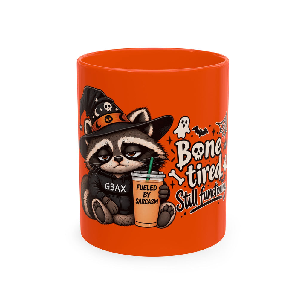 Tired Raccoon Halloween Mug – “Bone Tired. Still Functioning.”