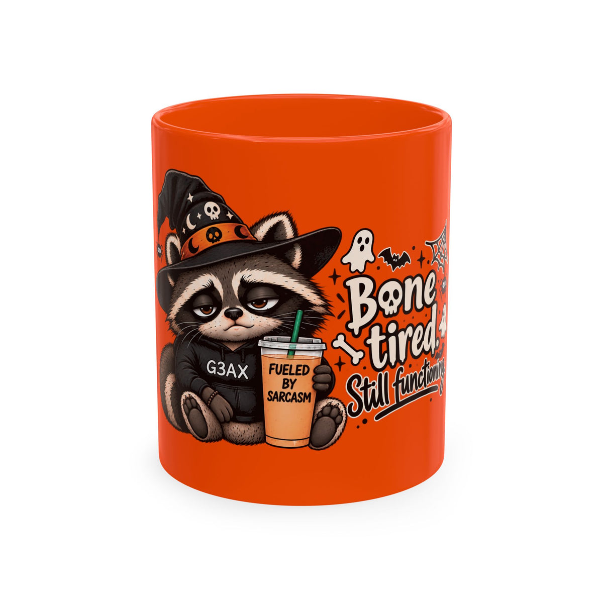 Tired Raccoon Halloween Mug – “Bone Tired. Still Functioning.”